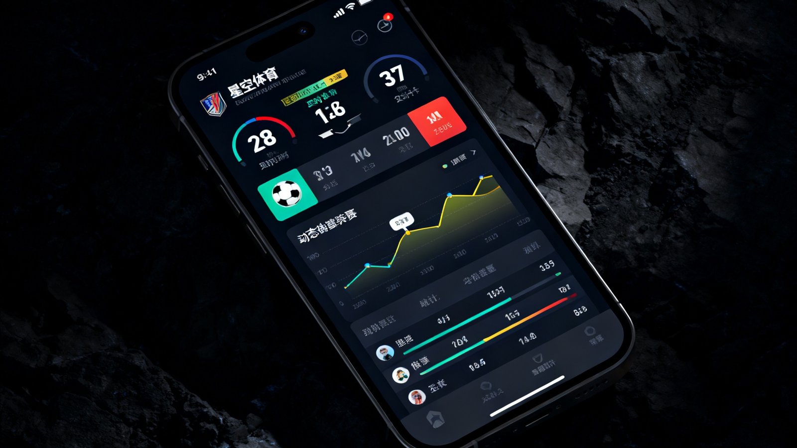 深色背景上展示星空体育移动端应用界面，手机屏幕呈现实时足球比分数据、动态赛况图表和赛事统计面板，界面设计现代简洁